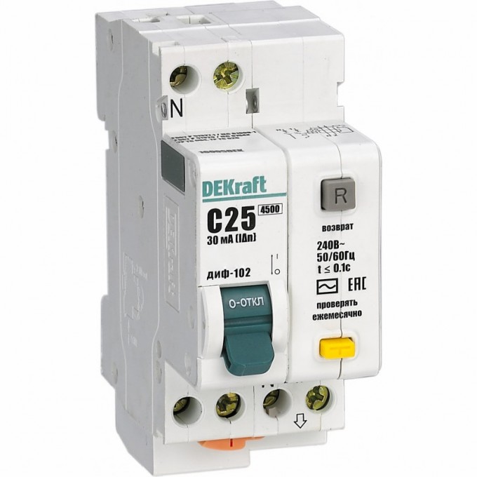 Дифференциальный автоматический выключатель SCHNEIDER ELECTRIC DEKRAFT 1Р+N 25А 30мА тип AC х-ка С ДИФ-102 нов. 4,5кА 16005DEK